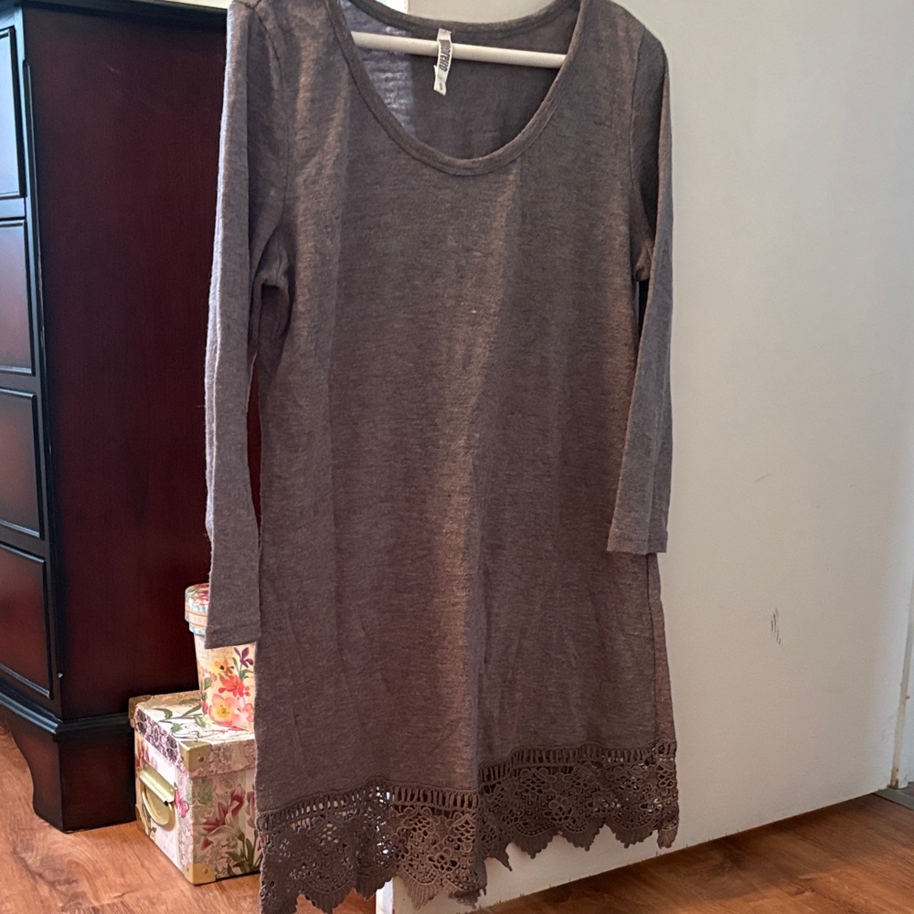 Gray Long Sleeve Dress with Lace Hem